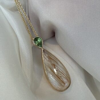 Rutilated quartz drop pendant necklace in 14K yellow gold accented with pear-shaped diamonds