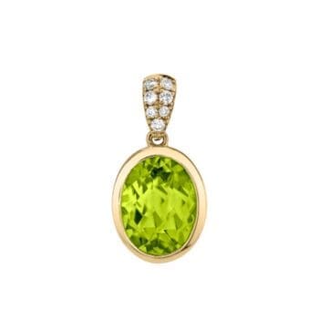 Oval lime green peridot pendant necklace with diamond-accented bail set in 14K yellow gold