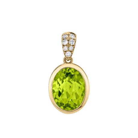 Oval lime green peridot pendant necklace with diamond-accented bail set in 14K yellow gold