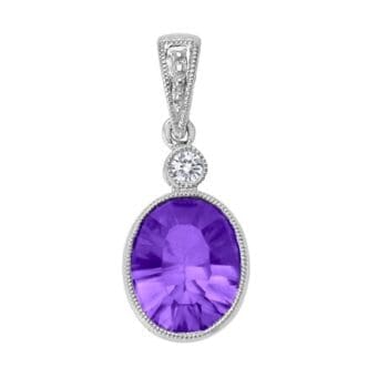 Oval purple amethyst pendant accented with diamonds set in 14K white gold