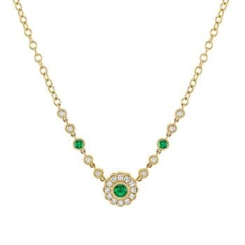 Emerald and diamond necklace in 14K yellow gold with adjustable chain and round diamond accents