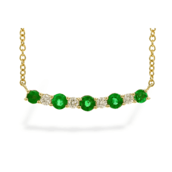 Emerald-cut green gemstone and round diamond necklace in 14K yellow gold on 16-18 inch chain