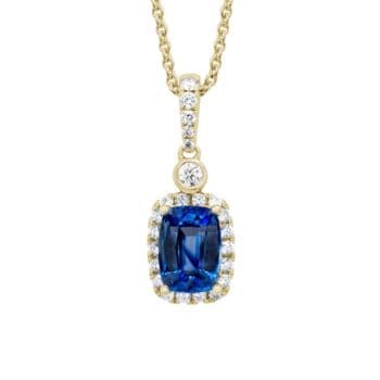 Blue sapphire pendant necklace in 14K yellow gold with elongated cushion-cut diamonds