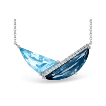 Blue topaz necklace set in 14K white gold on an 18-inch chain with diamond accents
