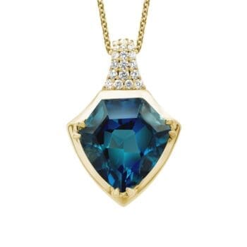 Shield cut London Blue Topaz pendant with diamond bail on 14K yellow gold adjustable chain