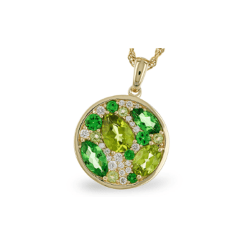 Eighteen-inch 14K yellow gold rope necklace with oval and round peridot and tsavorite garnet gemstones