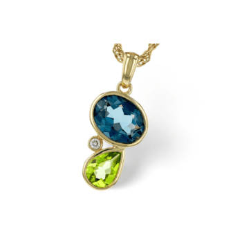 Blue topaz and oval diamond necklace in 14K yellow gold with 18-inch chain