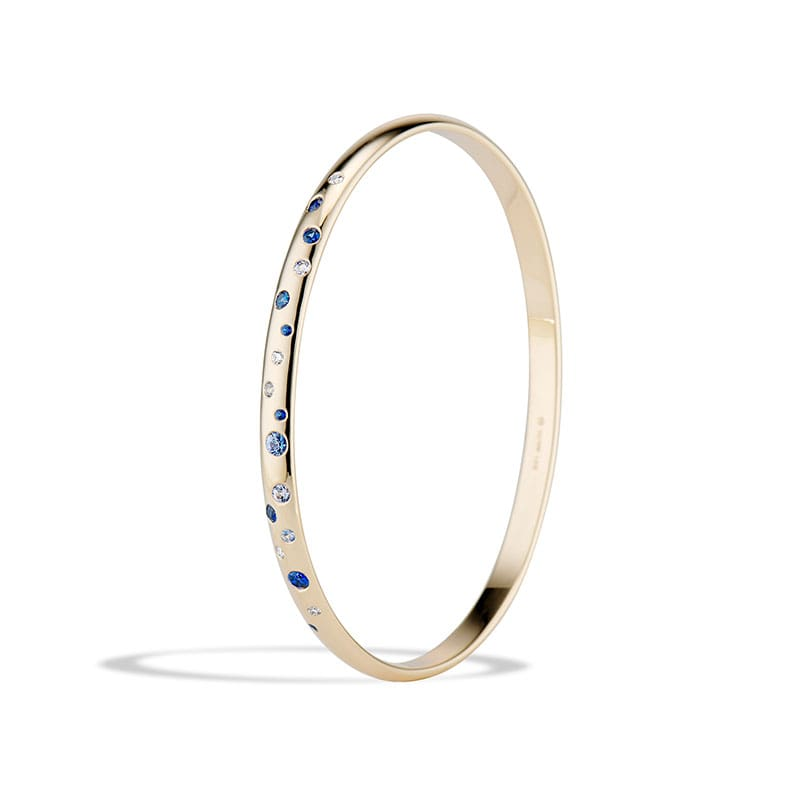 14k yellow gold oval galaxy bangle set with blue sapphires and round brilliant diamonds