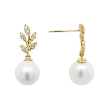 Freshwater pearl drop earrings with 9mm pearls set in 14K yellow gold posts