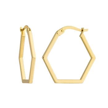 14K yellow gold hexagon-shaped honeycomb hoop earrings measuring 20mm