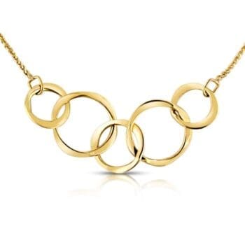 Little Varied Circle Necklace featuring five linked 14K yellow gold rings on an adjustable chain