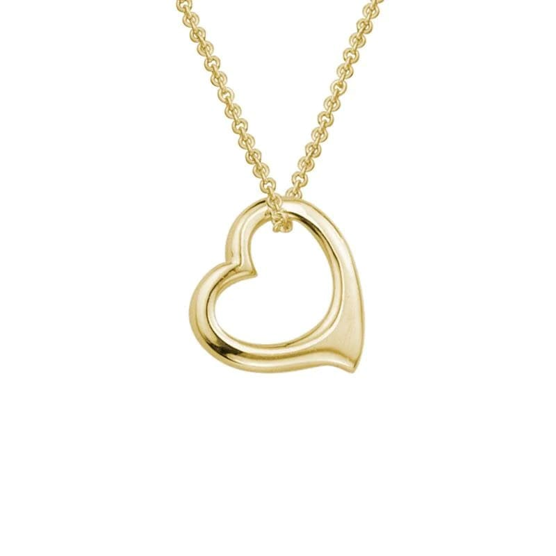 Open Floating Heart Necklace with 14mm yellow gold open heart pendant on adjustable cable chain