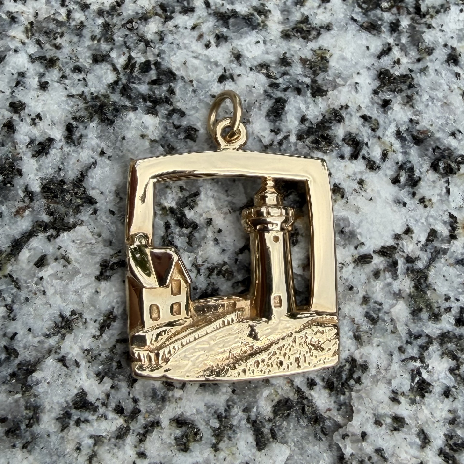 14K yellow gold Nubble Lighthouse charm pendant
