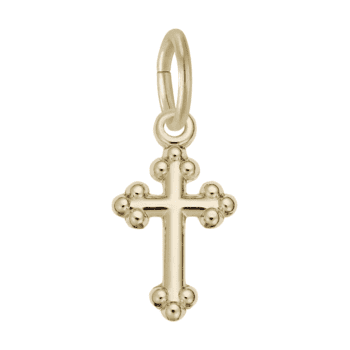 14K yellow gold cross charm on white background