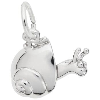 Close-up view of sterling silver snail charm with polished surface and detailed design