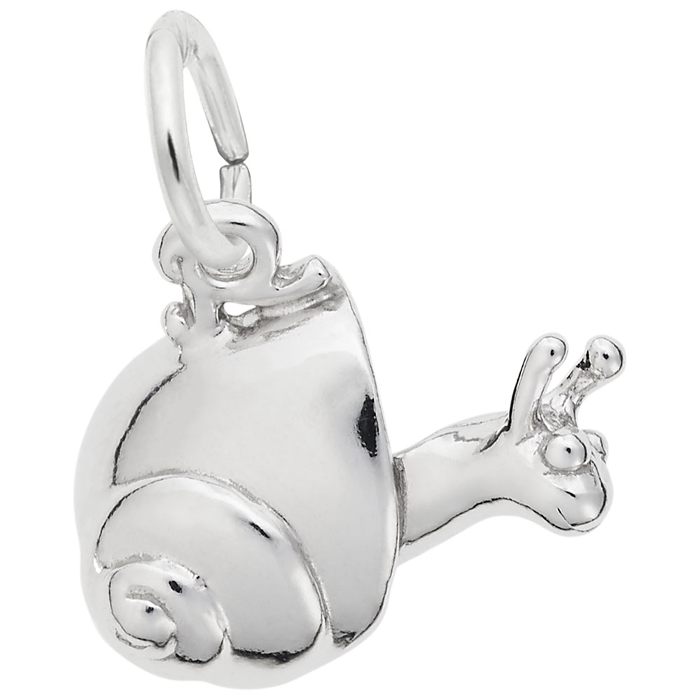 Close-up view of sterling silver snail charm with polished surface and detailed design