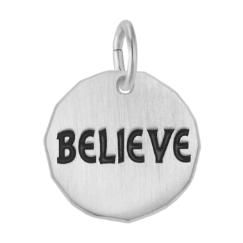 Sterling silver diamond-shaped charm tag engraved with Believe
