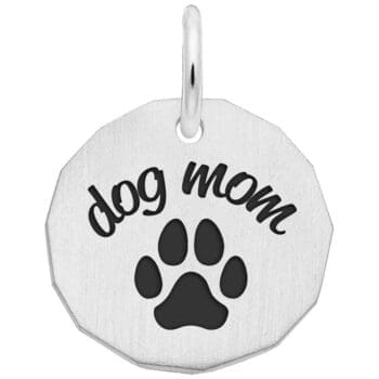 Diamond-shaped sterling silver charm rhodium plated engraved with 'Dog Mom'