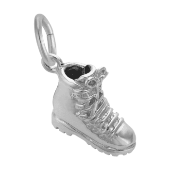 Sterling silver charm shaped like a detailed hiking boot