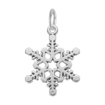 Sterling silver charm shaped like a detailed snowflake on white background