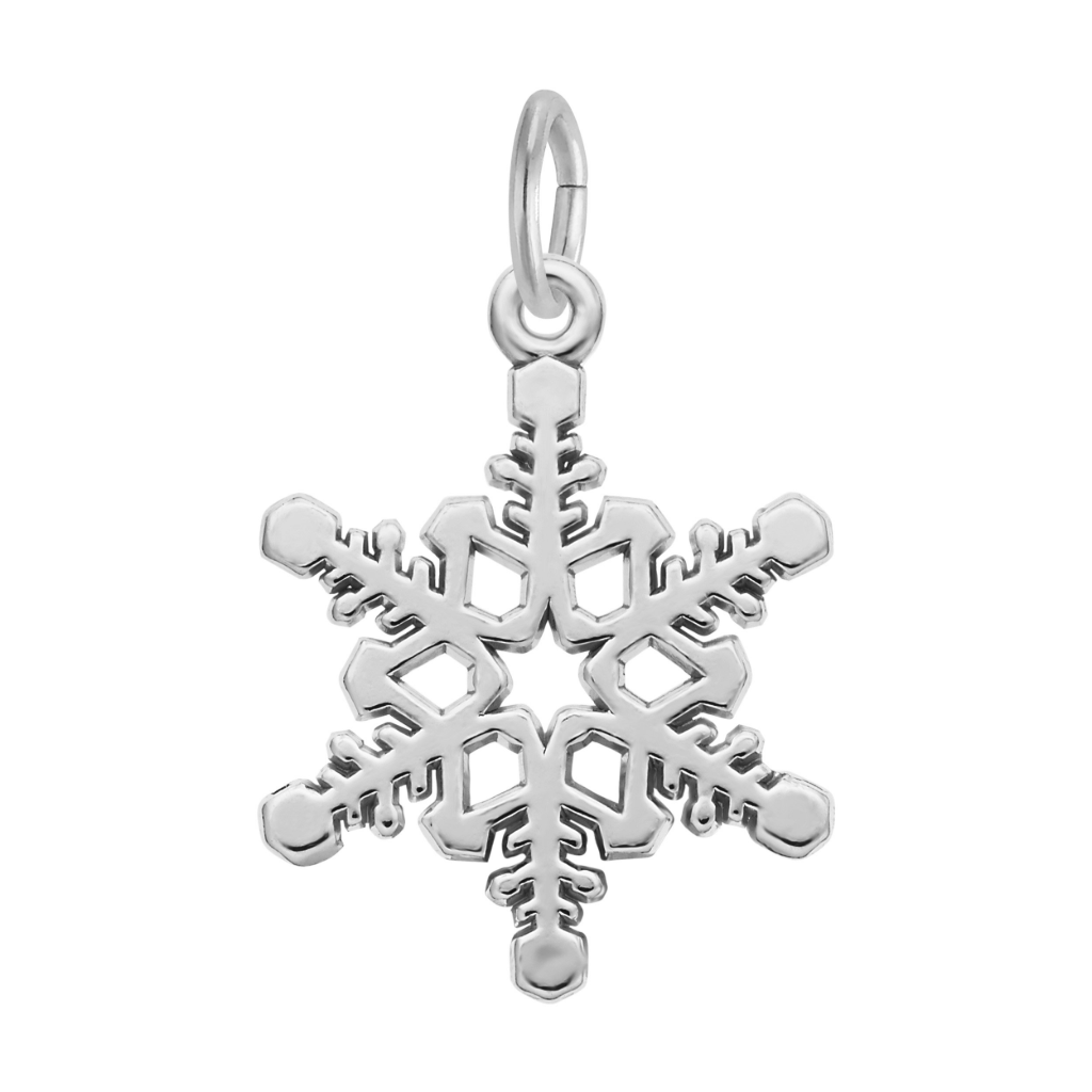 Sterling silver charm shaped like a detailed snowflake on white background
