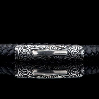 Milan Silver and Leather men's bracelet with black leather band and silver detailing