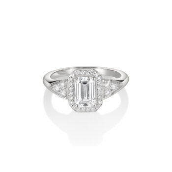 Platinum Emerald Cut Diamond Ring with Halo and Side Trios
