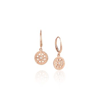 Compass Rose Dangle Earrings with round diamonds set in 14K rose gold, featuring leverback closures