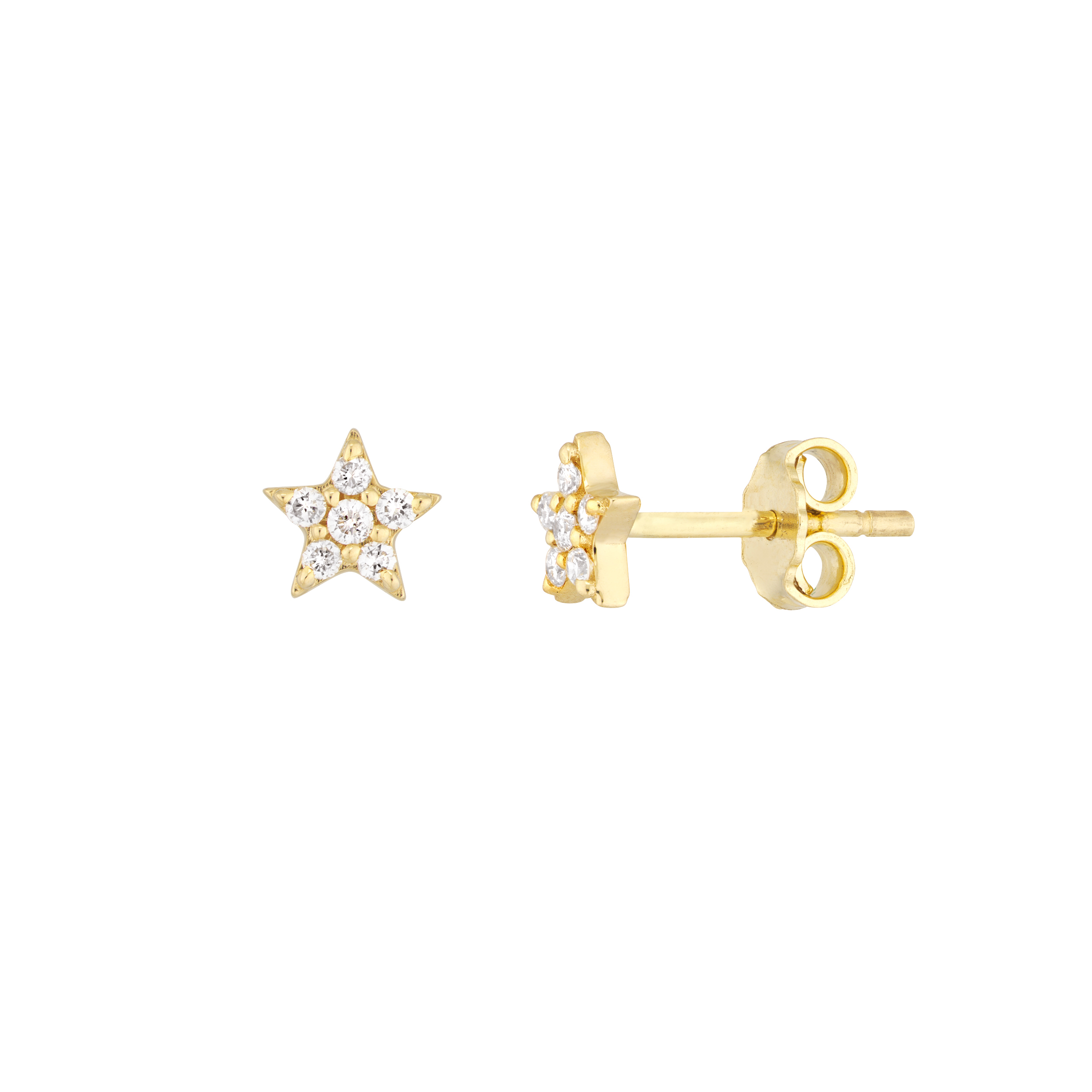 Round diamond star stud earrings set in 14K yellow gold with shared prong settings