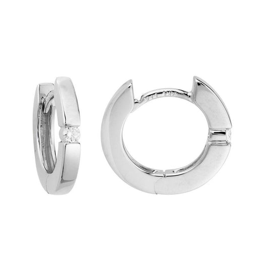 14K white gold huggie hoop earrings with round diamonds and bar setting