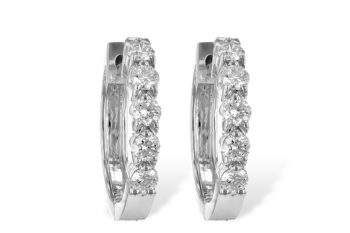 Round diamond hinged huggie earrings in 14K white gold with shared prong round diamonds