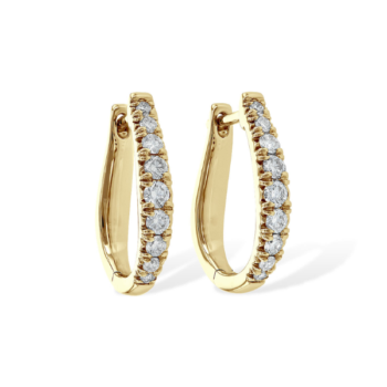Graduated round diamond huggie earrings in 14K yellow gold featuring 18 prong-set diamonds