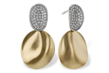 Two Tone 14K Gold Pave Disc and Matte Dome Drop Earrings