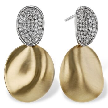 Two Tone 14K Gold Pave Disc and Matte Dome Drop Earrings