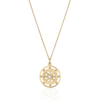Compass Rose Large Pendant with Round Diamond in 14K Yellow Gold