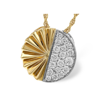 Two tone 14K gold necklace with a round diamond pave disc pendant featuring 18 diamonds totaling 0.50 carats