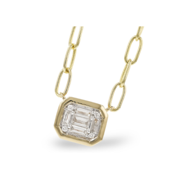 Diamond cluster necklace in 14K yellow gold with baguette-cut diamonds on a paperclip chain