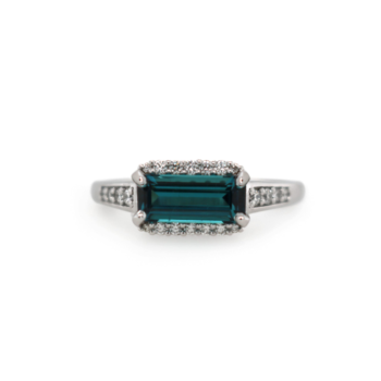 Indicolite blue tourmaline ring with emerald cut diamonds set in 14K white gold