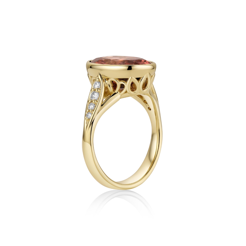 Pink Zircon Concerto Ring set in 14K Yellow Gold, showcasing vibrant pink gemstone