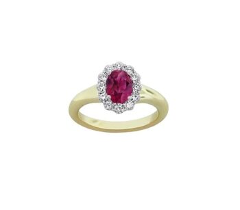 Oval Ruby and Diamond Halo Ring set in 18K yellow and white two-tone gold