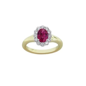 Oval Ruby and Diamond Halo Ring set in 18K yellow and white two-tone gold
