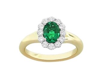 Oval Emerald Halo Ring in 18K Yellow Gold featuring a 0.80ct oval emerald and 12 surrounding natural diamonds