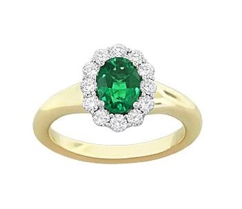 Oval Emerald Halo Ring in 18K Yellow Gold featuring a 0.80ct oval emerald and 12 surrounding natural diamonds