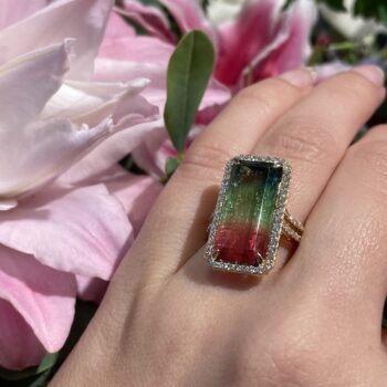Watermelon Tourmaline Emerald Halo Ring in 18K Yellow Gold with diamond halo
