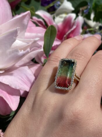 Watermelon Tourmaline Emerald Halo Ring in 18K Yellow Gold with diamond halo