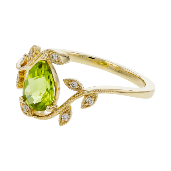 14K yellow gold ring with pear-shaped lime green peridot and pear-shaped diamonds