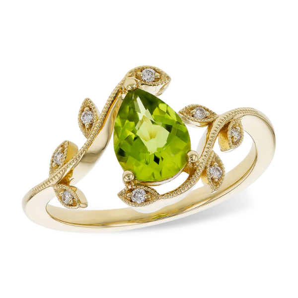14K yellow gold ring with pear-shaped lime green peridot and pear-shaped diamonds