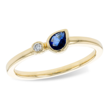 14K yellow gold Toi et Moi ring featuring pear cut blue sapphire and round diamond
