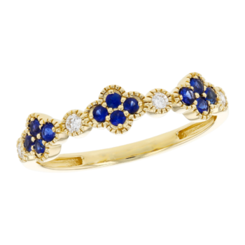 14K yellow gold flower band featuring blue round sapphires and diamond accents with milgrain detail