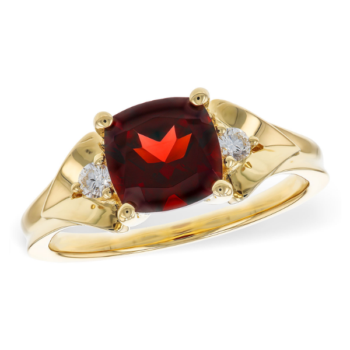 14K yellow gold ring with 1.66ct square cushion-cut red garnet and two small diamond accents on a split shank